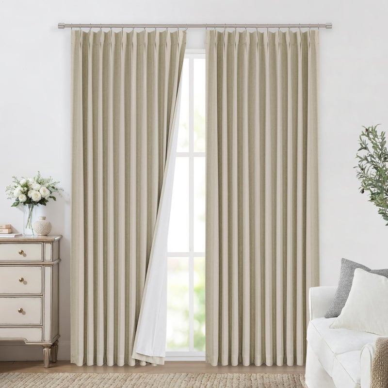 Vision Home Sand Pinch Pleated Full Blackout Curtains Linen Blended Room Darkening Window Curtains 90 inch for Living Room Bedroom Thermal Insulated Pinch Pleat Drapes with Hooks 1 Panel 60"" Wx90 L - Image 2